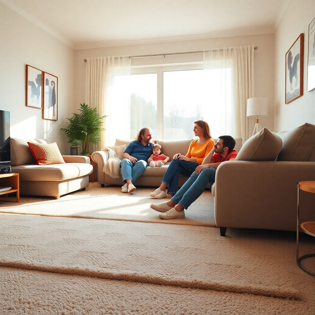 A photorealistic image depicting a family comfortably relaxing in a brightly lit living room with a deep-cleaned, plush carpet. Dust particles are visibly absent, and sunlight streams through a window, illuminating the clean space. The scene should evoke feelings of freshness and health.