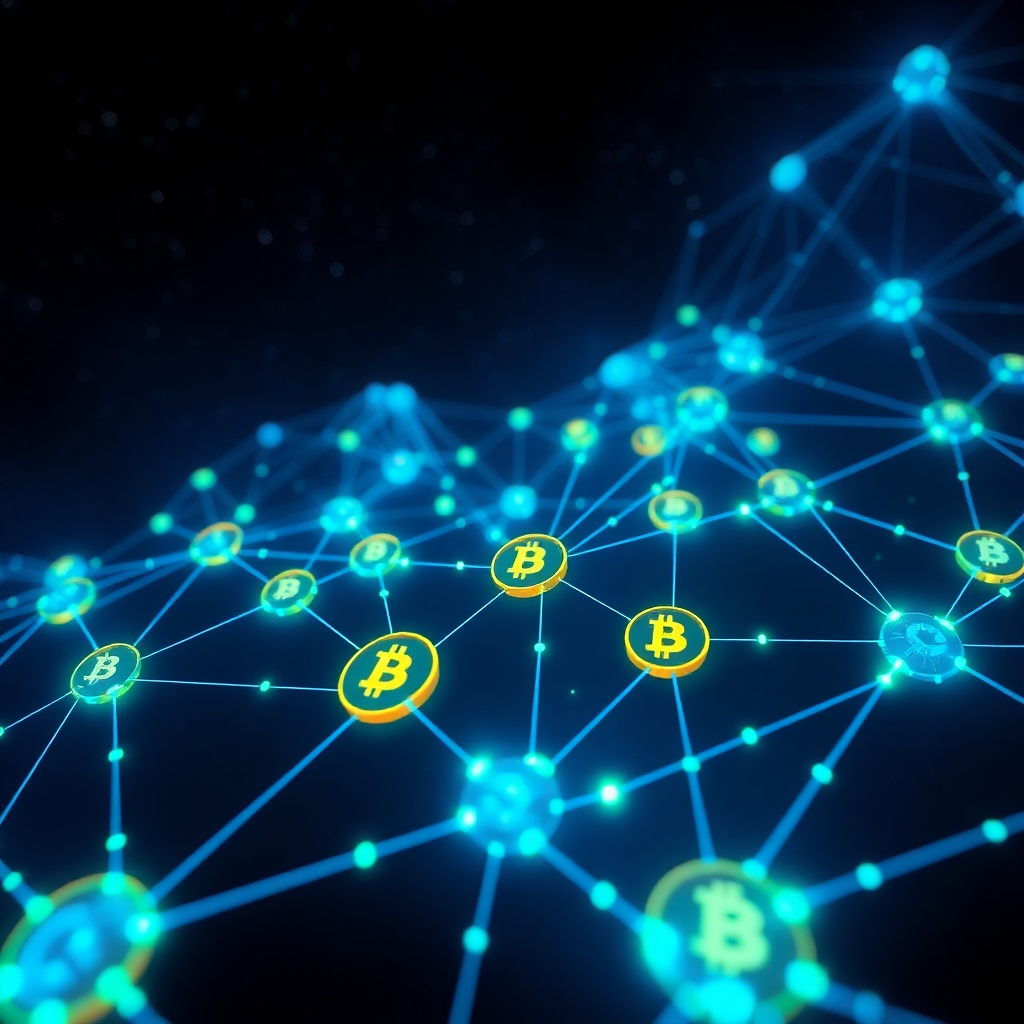 A photorealistic image depicting a network of interconnected nodes, each glowing with data streams, forming a decentralized Bitcoin network. The background should be a dark, starry night sky symbolizing the vast and boundless nature of the network.  The nodes should be diverse in design, representing the global and heterogeneous nature of participants.  Use vibrant blues and greens for the data streams.
