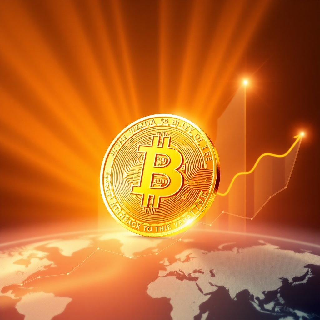 A photorealistic image depicting a golden Bitcoin coin with rays of light emanating from it, rising on a graph that shows exponential upward growth.  The background should be bright and optimistic, suggesting prosperity and wealth creation, contrasted with a subtle overlay of a world map, symbolizing global adoption and market potential.