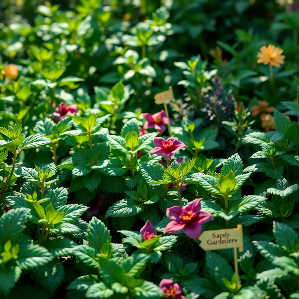 A photorealistic image depicting a lush garden filled with a variety of thriving plants, showcasing diverse textures, colors, and sizes. The plants should appear healthy and vibrant, with sunlight illuminating their leaves.  The background should be slightly blurred to focus on the foreground plants. The image should evoke a feeling of abundance and natural beauty. Include a small, tasteful gardener's label next to a few of the plants, identifying them with their names in elegant lettering.  The image should have a depth of field and natural lighting, with subtle shadows creating dimension and realism.  The overall style should be clean, sharp, and inviting; a style that would be featured in a gardening magazine.