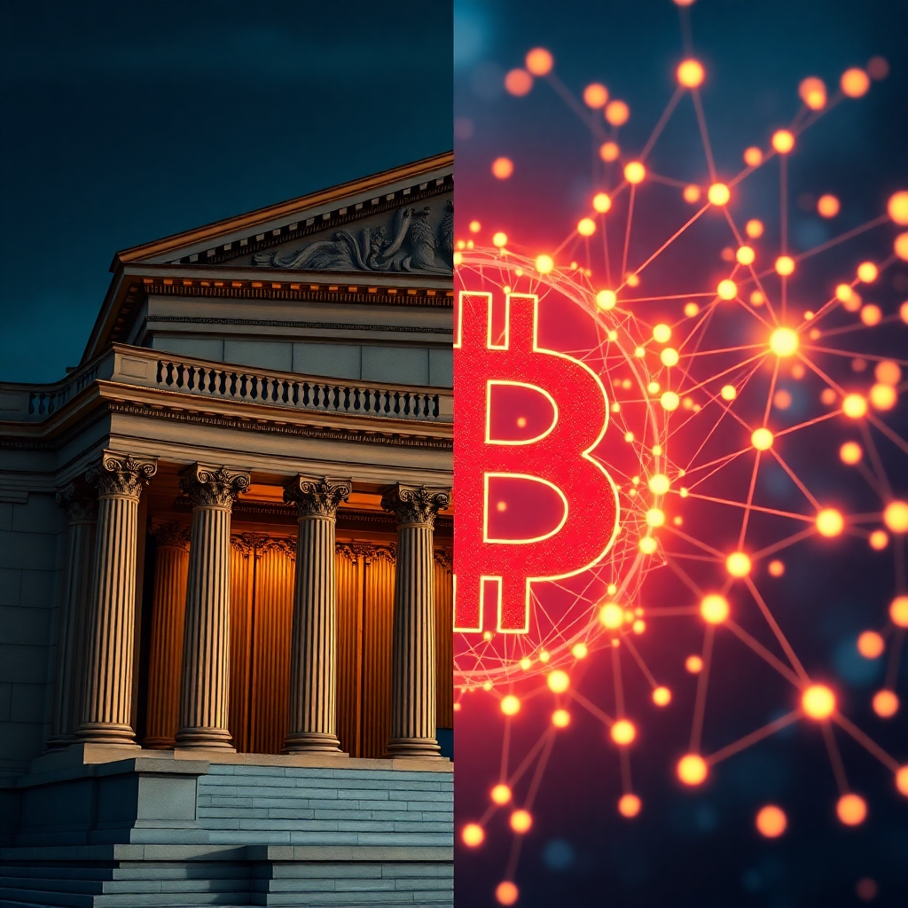A photorealistic image depicting a split screen: one side shows a traditional bank building, representing legacy financial systems; the other side showcases a futuristic, abstract representation of Bitcoin's decentralized network, using glowing lines and nodes.  The image should convey a sense of contrast and change, emphasizing Bitcoin's transformative impact.