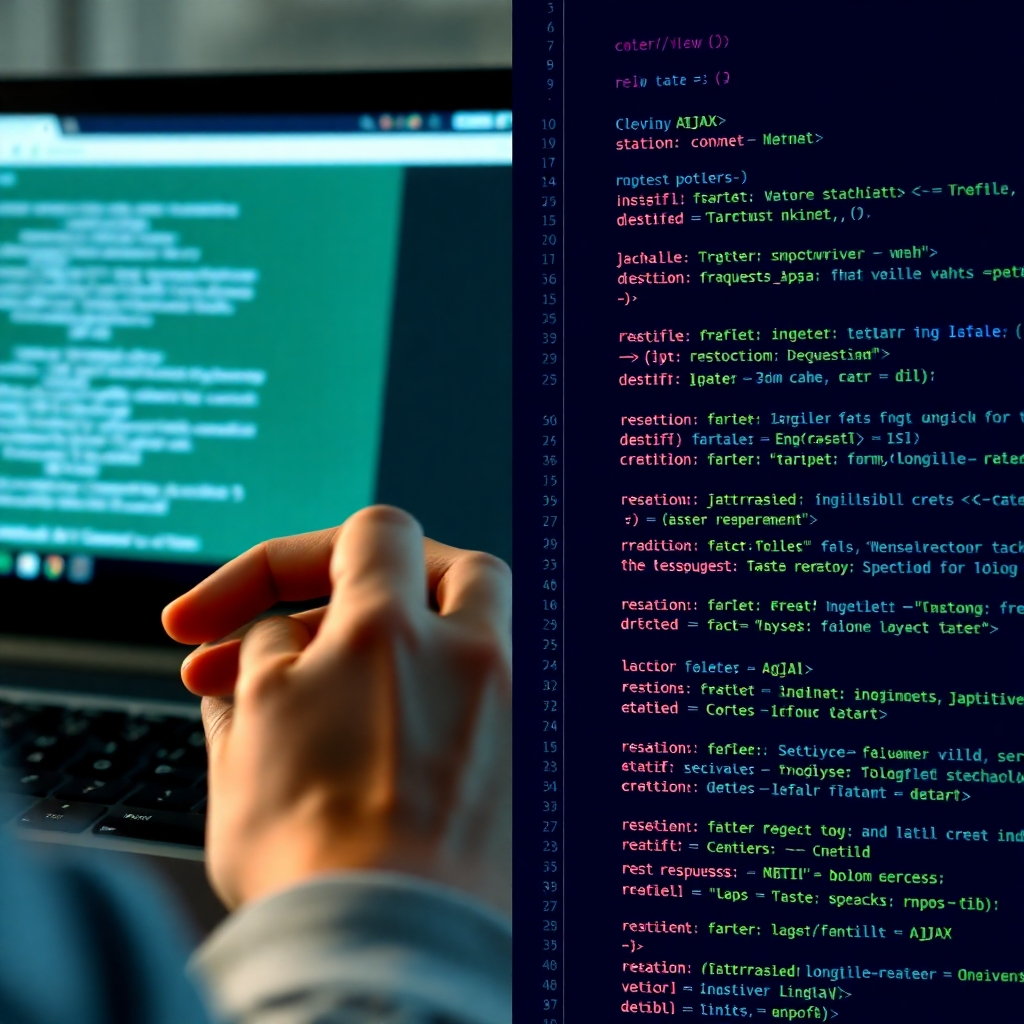 A photorealistic image depicting a split screen: one side shows a user interacting with a smoothly loading web page, the other shows clean, well-commented asynchronous JavaScript code fetching data via AJAX with a visual representation of the data flow using arrows and different colors for requests and responses. The overall aesthetic should be modern and clean, with a focus on clarity and efficiency.