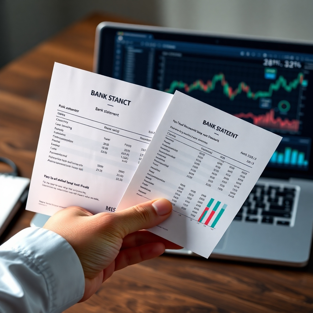 A photorealistic image depicting a hand holding a bank statement and a financial report, comparing the two documents.  The background should include a laptop displaying accounting software and financial charts. The image should emphasize the process of reconciliation and verification.