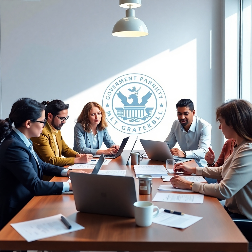 A photorealistic image depicting a diverse group of professionals collaborating around a table, reviewing grant application documents with a government agency logo subtly visible in the background. The scene should be bright, conveying a sense of teamwork and collaboration, with laptops, papers, and coffee cups present.