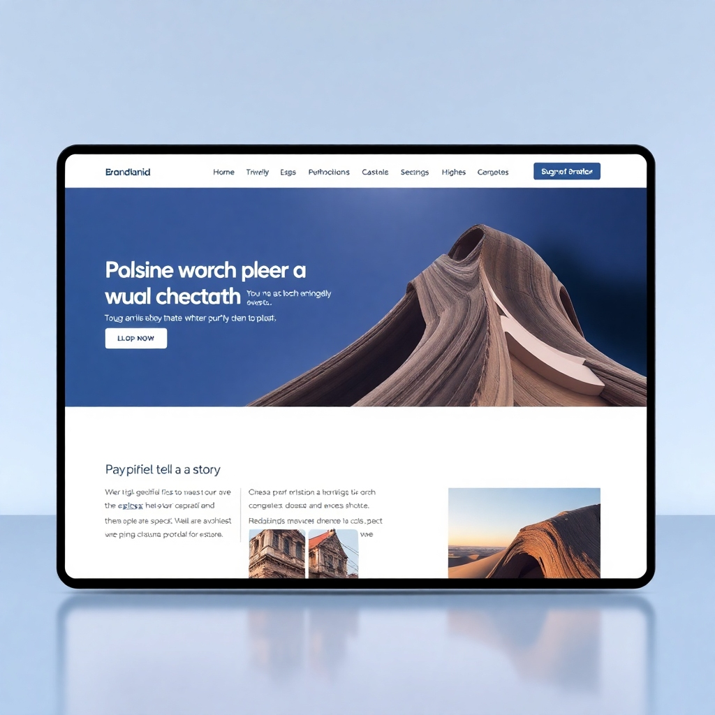 A photorealistic image depicting a website design with a clear visual hierarchy.  Elements should be strategically placed to lead the user's eye, perhaps using size, color, and placement to emphasize important information. The website should tell a story, with images and text working together to create a cohesive and engaging experience. The style should be modern and clean.