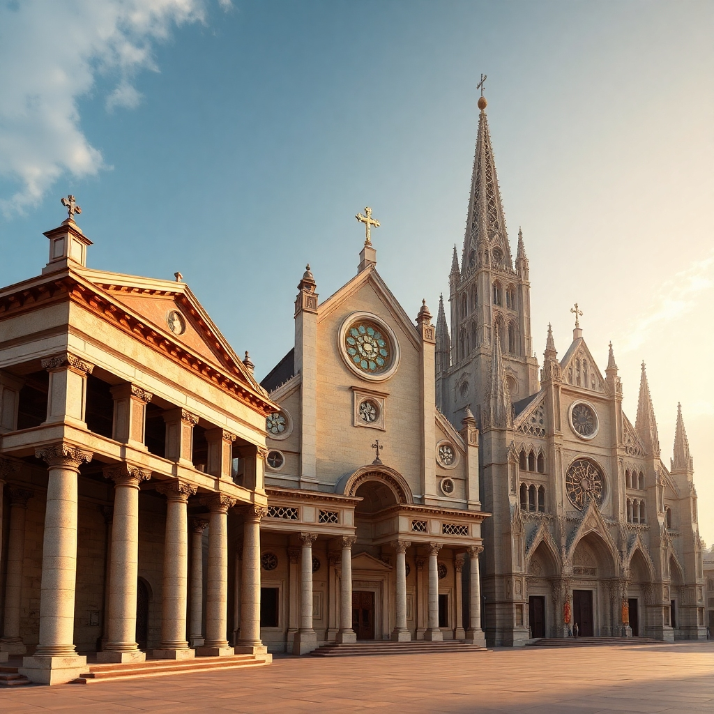 A photorealistic image depicting the transition of church architecture: a Roman basilica, a Byzantine church, and a Gothic cathedral, showcasing the progression of architectural styles through history.  Include detailed stonework, stained glass (in the Gothic cathedral), and lighting effects to highlight the architectural details. The image should be historically accurate in terms of architectural styles and materials. The style should be highly detailed and should be rendered in warm, inviting colors to evoke a sense of history and spirituality.