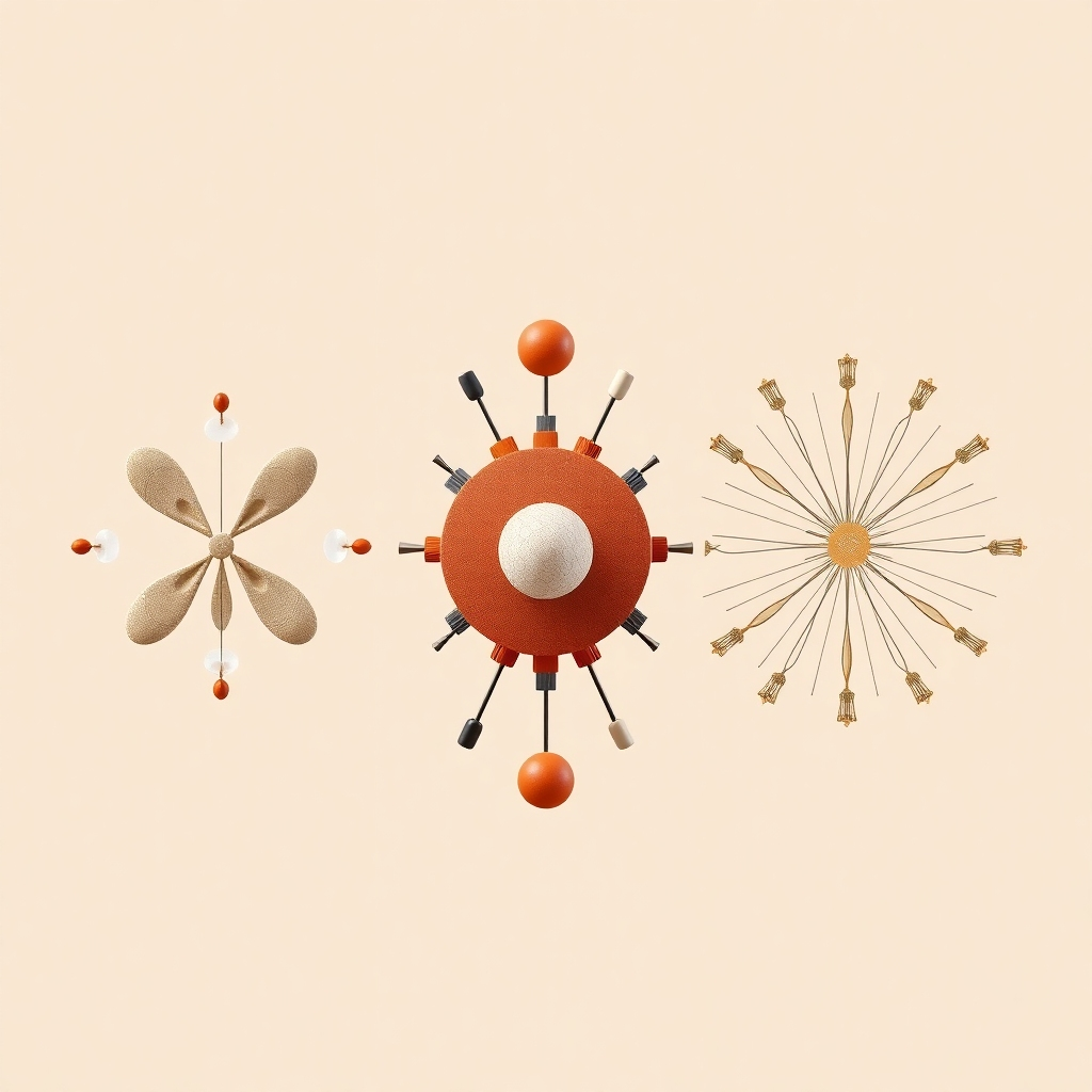 A photorealistic image depicting three separate compositions showcasing symmetrical, asymmetrical, and radial balance. Each composition should feature a variety of shapes, colors, and textures to effectively demonstrate the different types of balance.  The background should be a minimalist, neutral color, and the lighting should be even and soft to highlight the elements' arrangement.