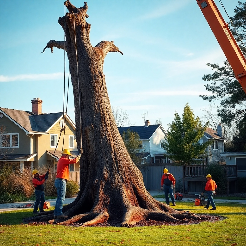 A photorealistic image depicting a large, decaying tree being carefully removed by a team of arborists using professional equipment, such as a crane and chainsaw. The background should show a residential area with houses and clear skies. Focus on the precision and safety aspects of the operation, with the final shot showing the smooth, ground-level area where the tree once stood.