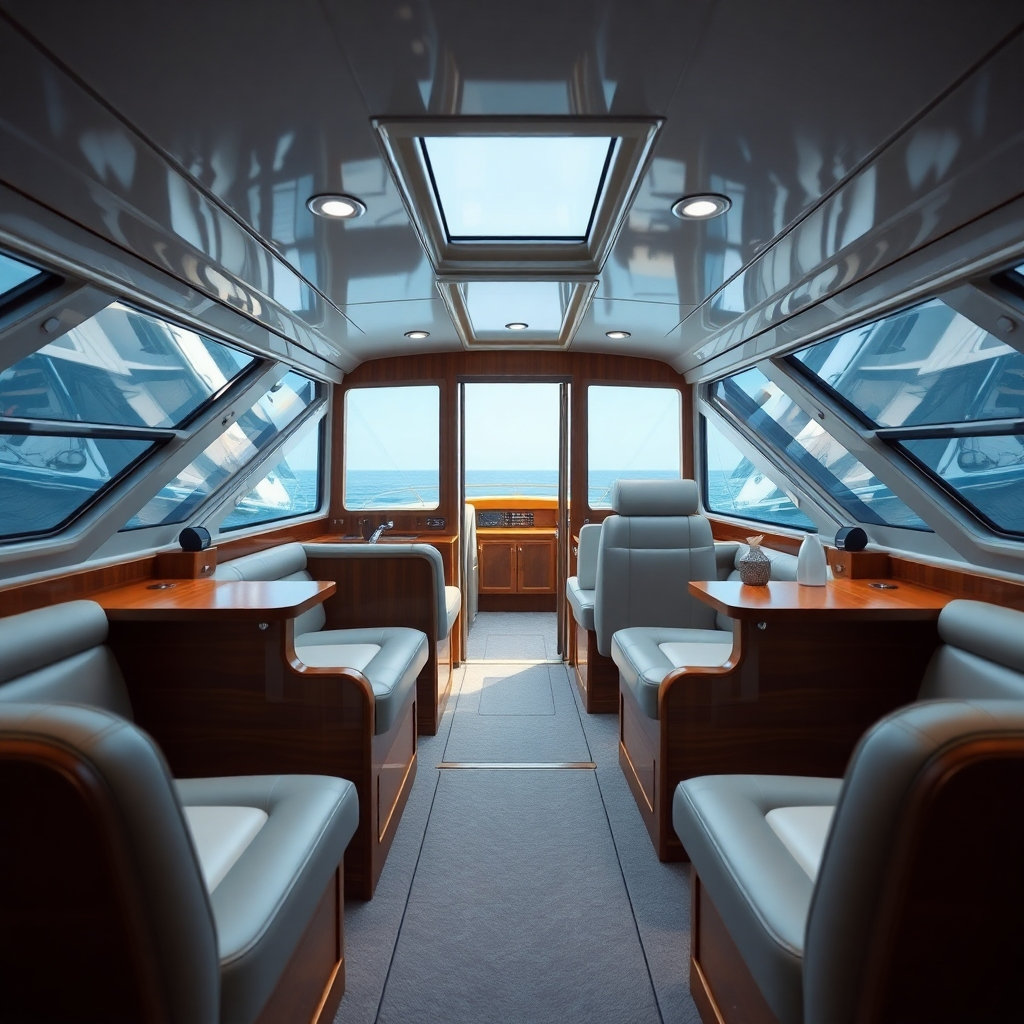 A photorealistic image depicting the interior of a detailed boat cabin. Everything should be spotless, including leather or vinyl seats, wooden surfaces, and carpets.  The image should feel luxurious and inviting, showcasing the transformative effect of professional interior detailing.
