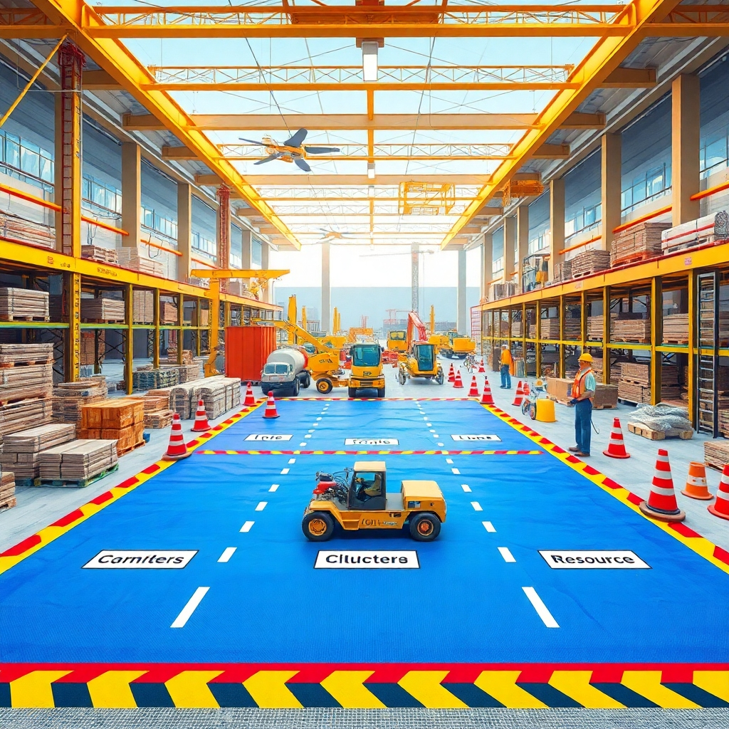 A photorealistic image depicting a construction site with clearly marked zones for materials, equipment, and workers, showcasing organized logistics and efficient resource management. The image should be bright, with vibrant colors, and have a sense of controlled activity. Include labels to identify each resource area for clarity. The overall style should be professional and clean.