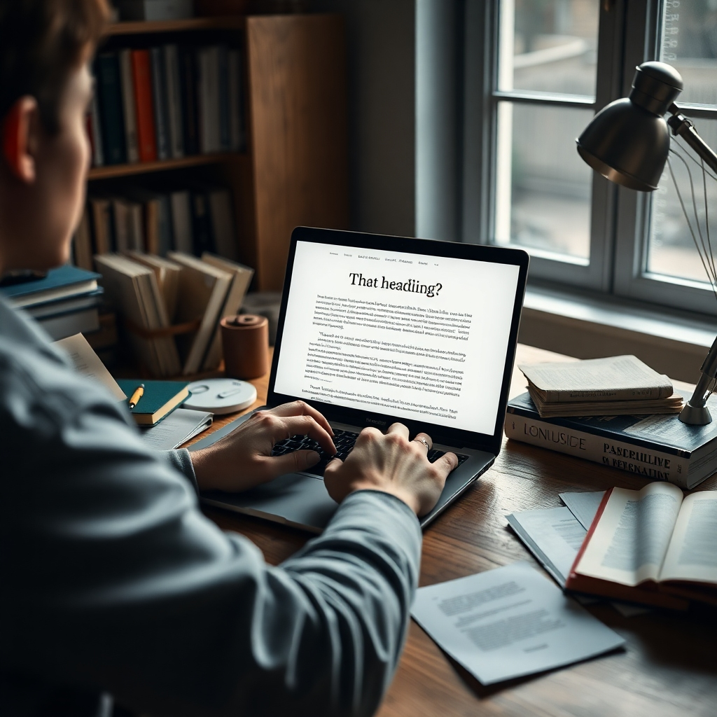 A photorealistic image depicting a well-lit workspace with a person meticulously crafting a blog post on a laptop, surrounded by books, research papers, and a steaming cup of coffee. The screen should subtly display a compelling headline and engaging content. The overall feeling should be one of dedication and thoughtful creation.