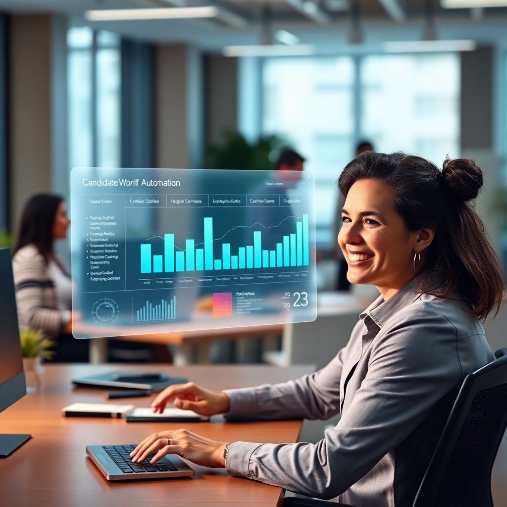 A photorealistic image depicting a clean, modern office workspace. A recruiter sits at a desk, smiling, looking at a holographic projection displaying a streamlined candidate workflow automation dashboard with charts showing efficiency gains.  The background is blurred, showcasing a diverse team collaborating in a bright, open-plan office. The overall mood is one of efficiency and positivity.  High resolution, detailed, sharp focus.