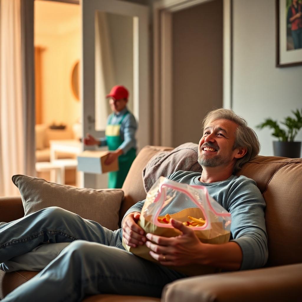 A photorealistic image depicting a happy person relaxing on a comfortable couch at home, while a food delivery driver is seen through a slightly open door, holding a thermal bag containing food. The setting should be warm and inviting, with soft lighting and a cozy atmosphere, focusing on the convenience and comfort of home delivery. High-resolution, sharp details are needed.