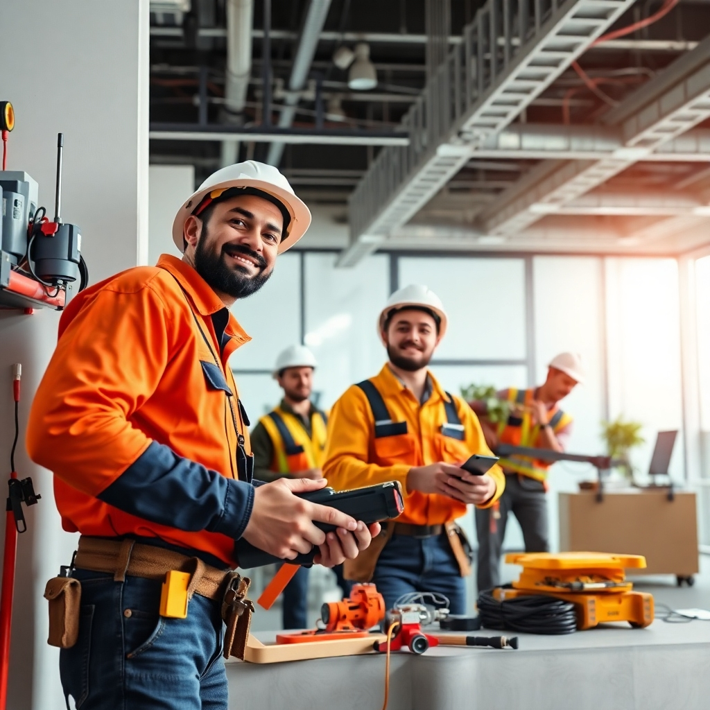 A photorealistic image depicting a team of electricians working collaboratively on a large-scale electrical installation project in a modern office space. The image should showcase various tools and equipment being used professionally and safely. The electricians should have a positive, collaborative expression. The scene should portray a sense of professionalism and expertise, reflecting comprehensive service capabilities. High resolution, detailed, sharp focus, professional lighting
