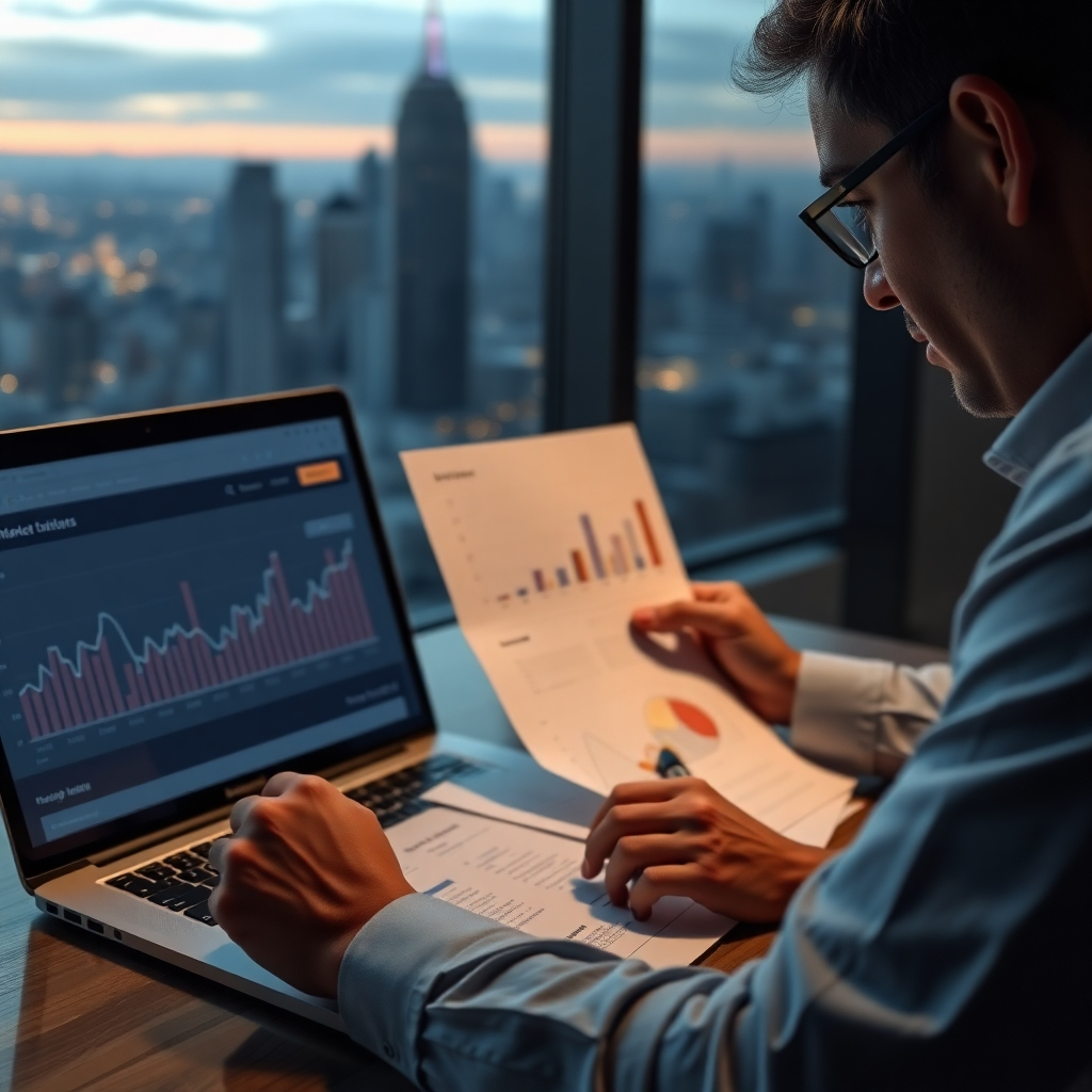 A photorealistic image depicting a person meticulously reviewing property documents and market analysis charts, with a laptop showing real estate graphs and a city skyline visible in the background. The overall mood should be one of serious focus and careful consideration.
