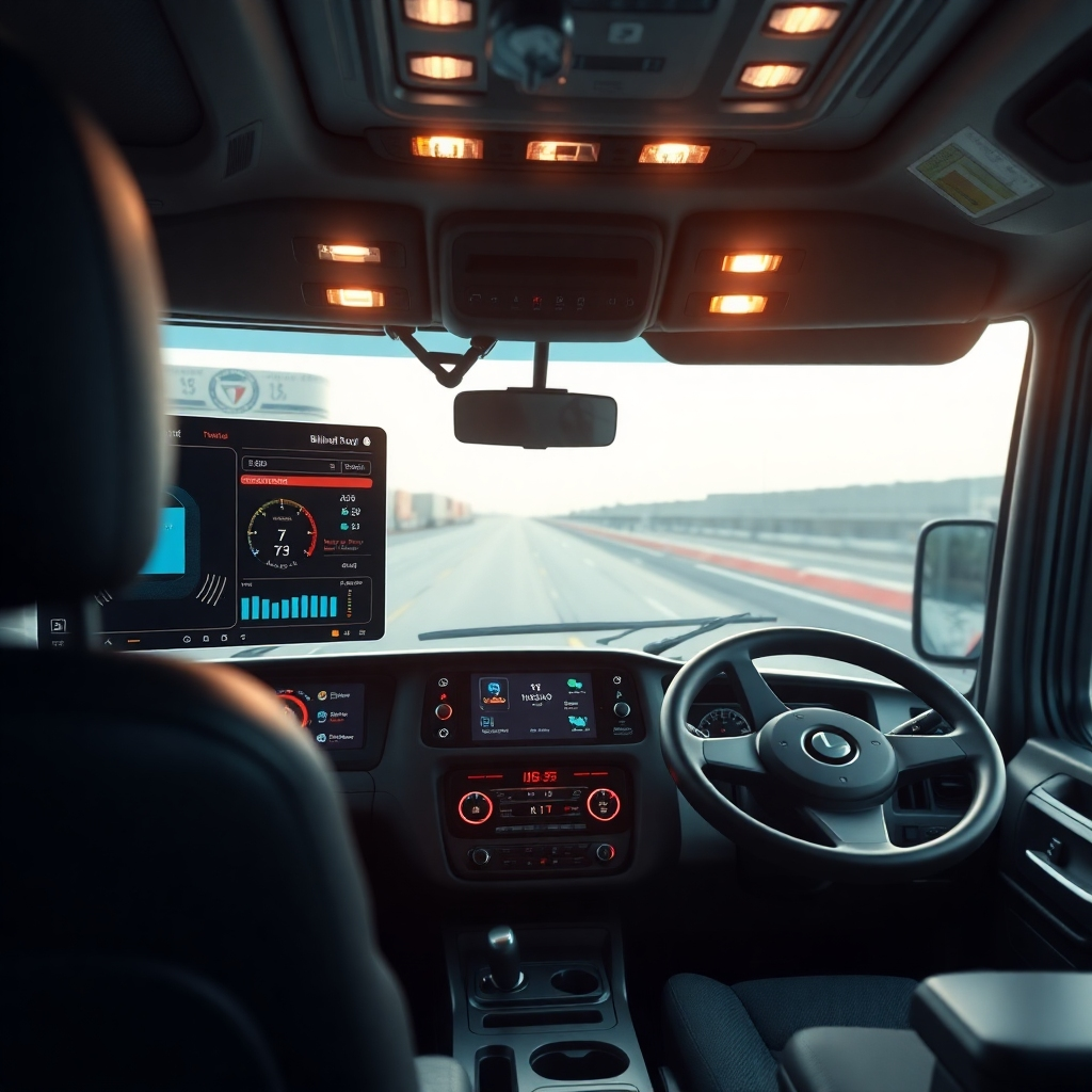 A photorealistic image depicting a truck cab interior with advanced technology. Focus on a dashboard showing real-time data, such as speed, location, blind-spot monitoring, and driver fatigue alerts using augmented reality interface. Highlight AI features and integrate IoT elements, such as a connected device showing route optimization.