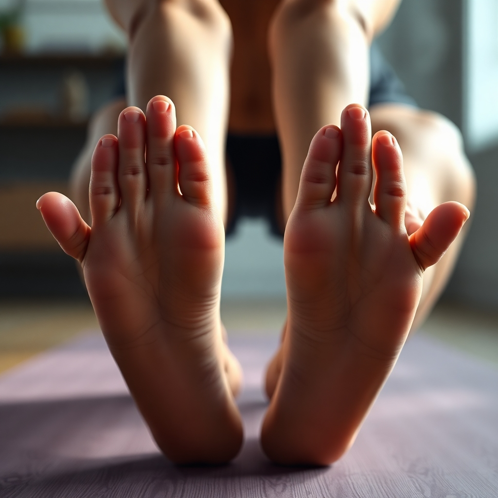 A photorealistic image depicting a close-up view of a person's hands and feet demonstrating perfect alignment in a challenging yoga pose. Show muscular definition but also serene calm. The background should be blurred and out of focus, emphasizing the precise alignment of the body.  High-resolution, detailed, sharp focus, natural lighting.