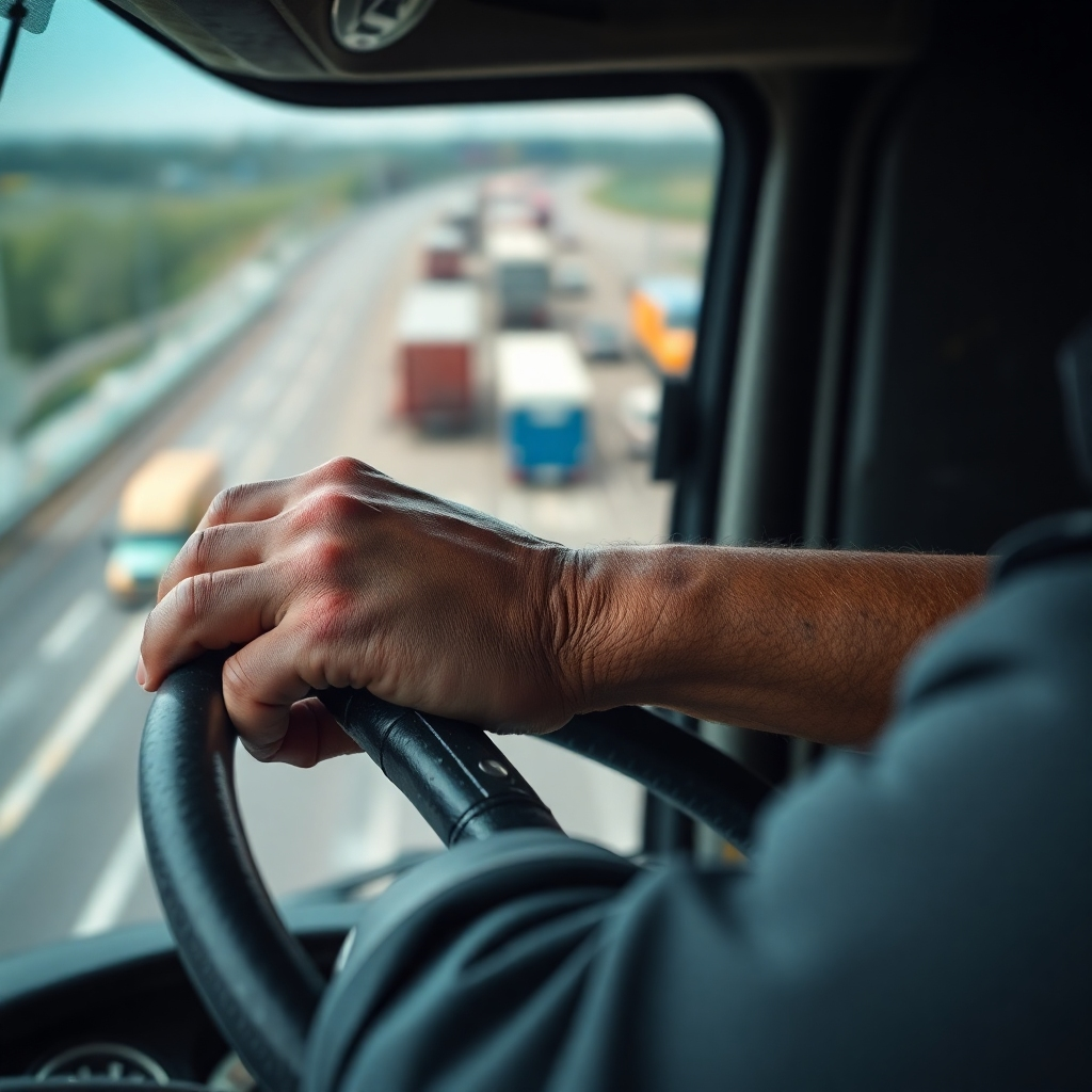 A photorealistic image depicting a trucker's hands, calloused and weathered, firmly gripping a steering wheel.  In the background, a blurred view of a busy highway and loading dock. The image should focus on the detail of the hands, conveying the physical toll of the job.