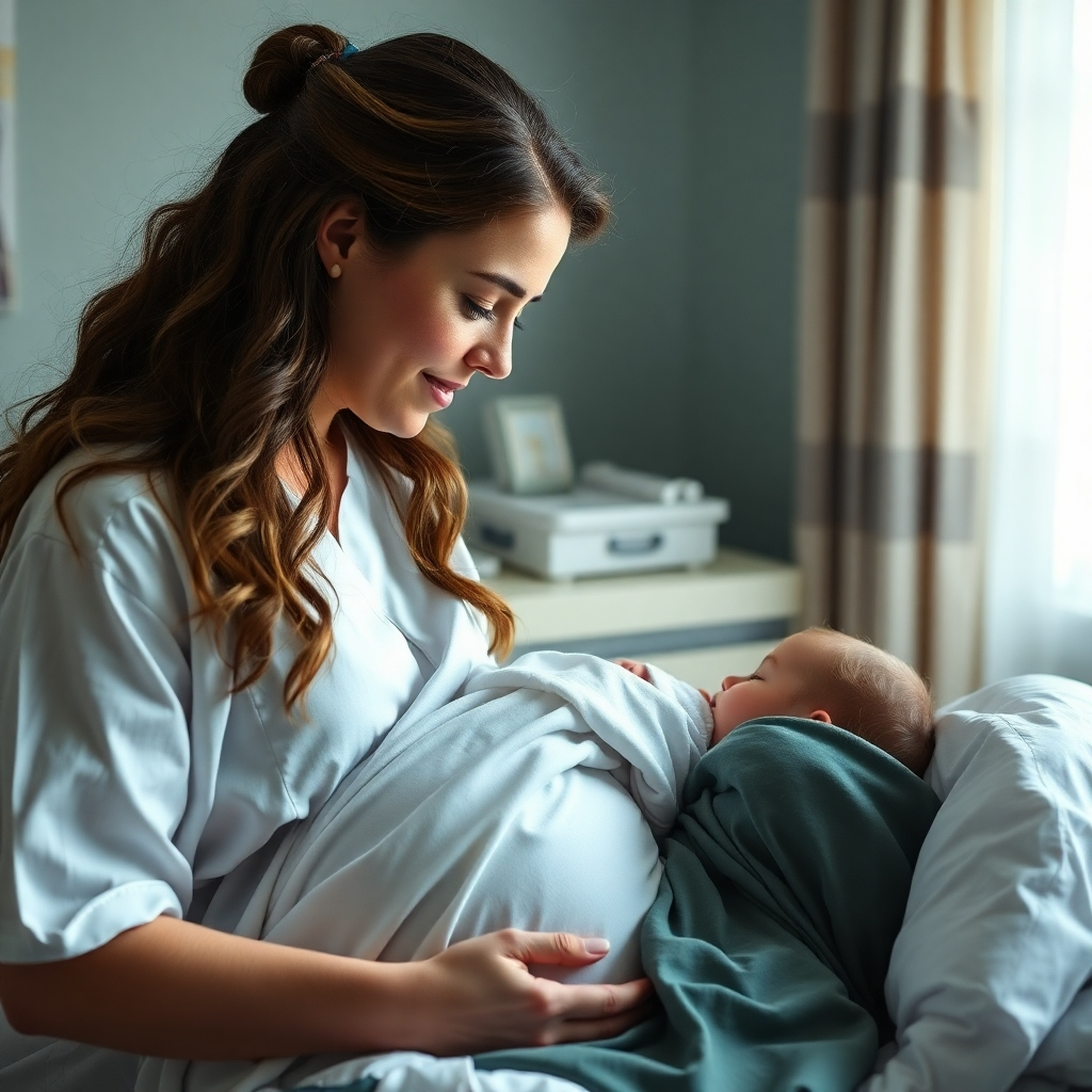 A photorealistic image depicting a midwife calmly guiding a woman through labor in a serene birthing environment.  Focus on the midwife's supportive presence, natural lighting, and peaceful atmosphere. The birthing environment must be calming and comfortable. High detail, 8k resolution.
