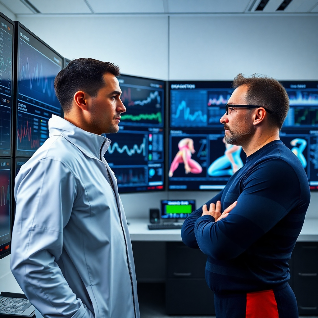 A photorealistic image depicting a sports scientist using advanced technology to analyze an athlete's performance. The scene should be set in a technologically advanced sports lab.  Large screens should display biometrics, graphs, and motion capture data. The athlete should appear relaxed, while the scientist examines the data with a thoughtful expression. The image should showcase advanced technology, such as motion-capture suits and sophisticated software, in a clean, organized, and professional setting.