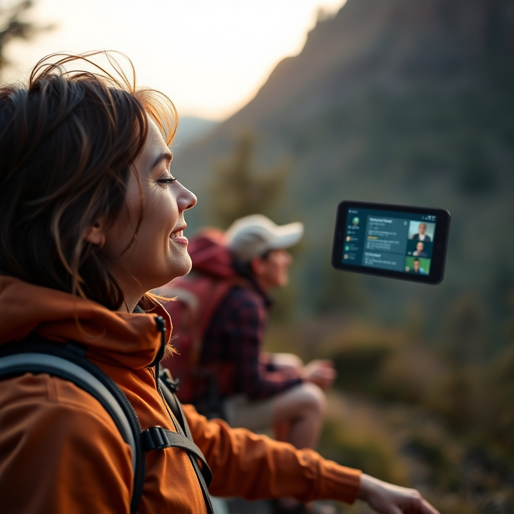 A photorealistic image depicting a person peacefully enjoying leisure time, perhaps hiking in nature or spending time with loved ones.  Subtly, a small device or screen in the background displays a virtual assistant efficiently managing their tasks and communications, suggesting seamless workflow without intrusion on their personal time.