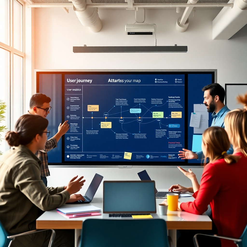 A photorealistic image depicting a diverse group of people collaborating around a large touch screen displaying a user journey map, with a focus on user feedback and data analytics. The scene should be bright, modern, and collaborative, emphasizing teamwork and user-centricity.  Include elements like sticky notes, whiteboards, and laptops. The overall feeling should be positive and productive.