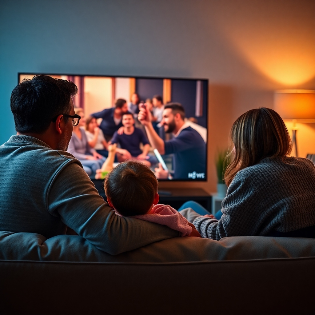 A photorealistic image depicting a family cozily gathered around a smart TV, engrossed in watching a movie together. The TV screen should showcase a captivating scene from a popular streaming service, with the service's logo subtly visible.  The lighting should be warm and inviting, creating a homely atmosphere. The focus should be on the family's shared enjoyment and the immersive experience of streaming.