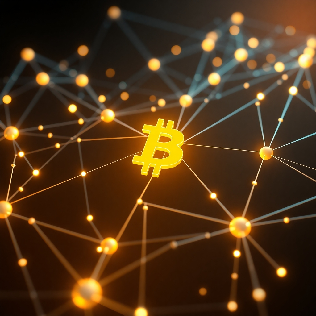 A photorealistic image depicting a network of interconnected nodes, each glowing brightly, forming a complex web symbolizing the decentralized Bitcoin network.  The background should be dark, emphasizing the nodes' interconnectedness. Include subtle visual effects suggesting data transfer between nodes. The overall mood should be technological and futuristic.
