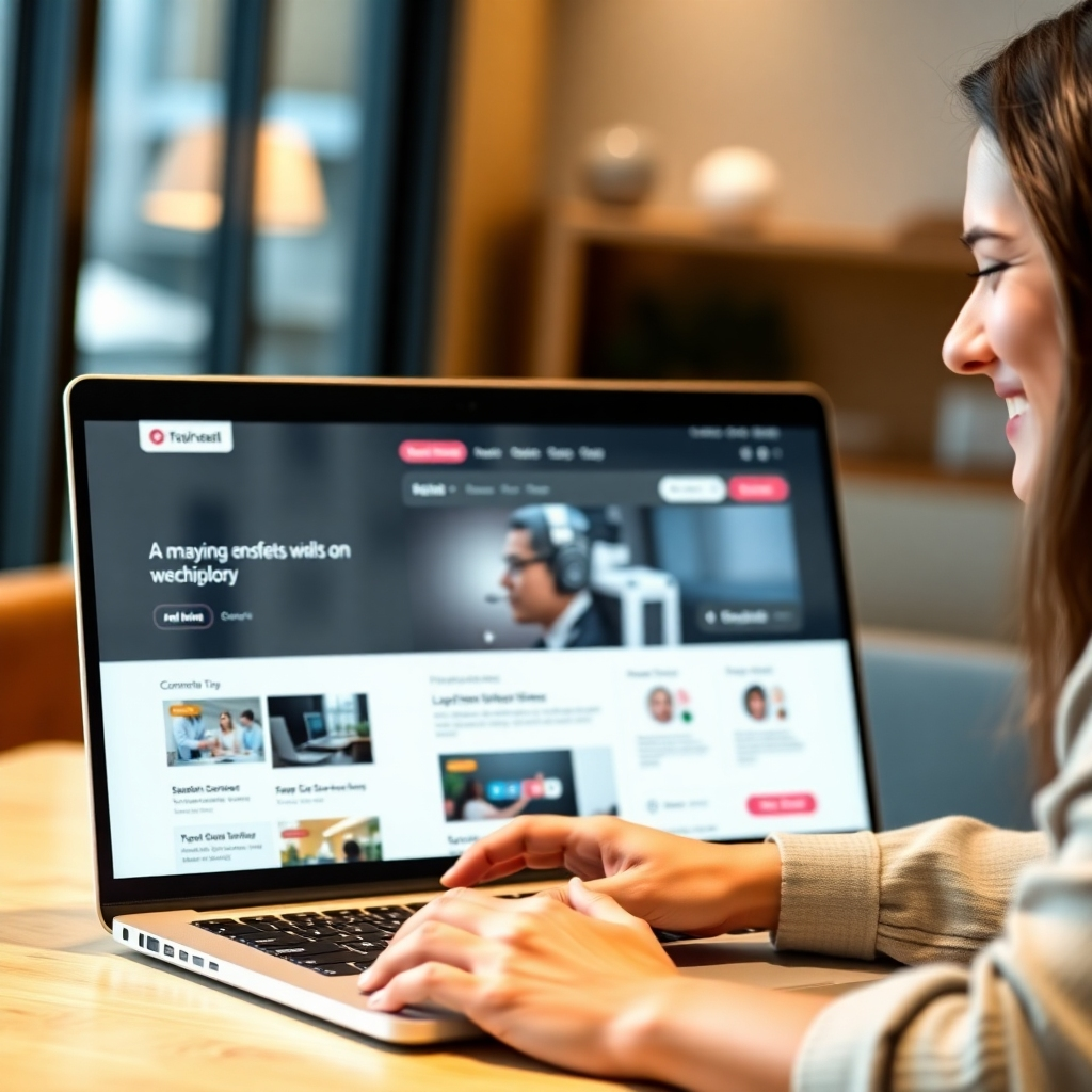 A photorealistic image depicting a person smiling and easily navigating a website on a laptop.  The website should have a clear menu, intuitive layout, and visually appealing elements.  The background should be blurred, focusing attention on the user's interaction with the website.  The overall feeling should be one of ease, satisfaction, and positive engagement.