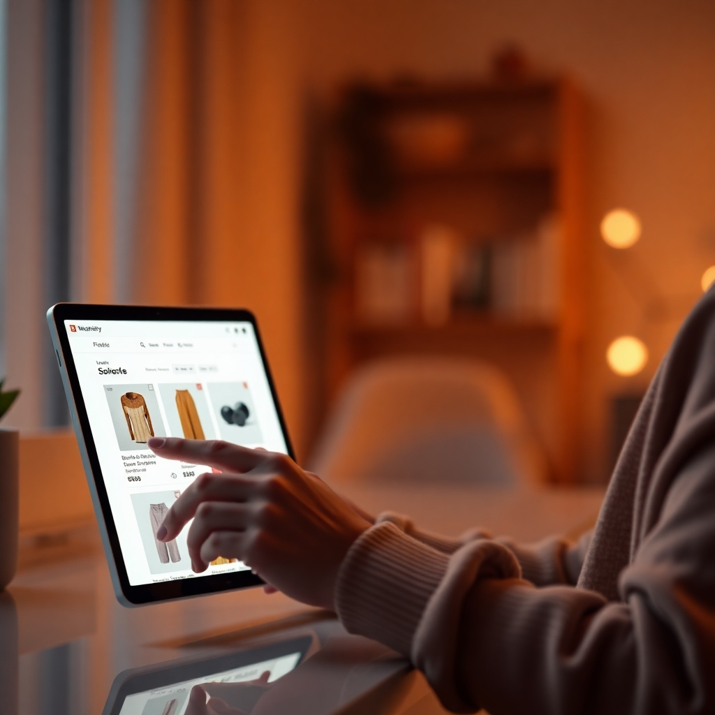 A photorealistic image depicting a user interacting with a website or app that dynamically adjusts content based on their preferences, showing personalized product recommendations and tailored messaging. The visual should emphasize the seamless and intuitive nature of this personalized experience, using soft, warm lighting and a clean, modern interface.