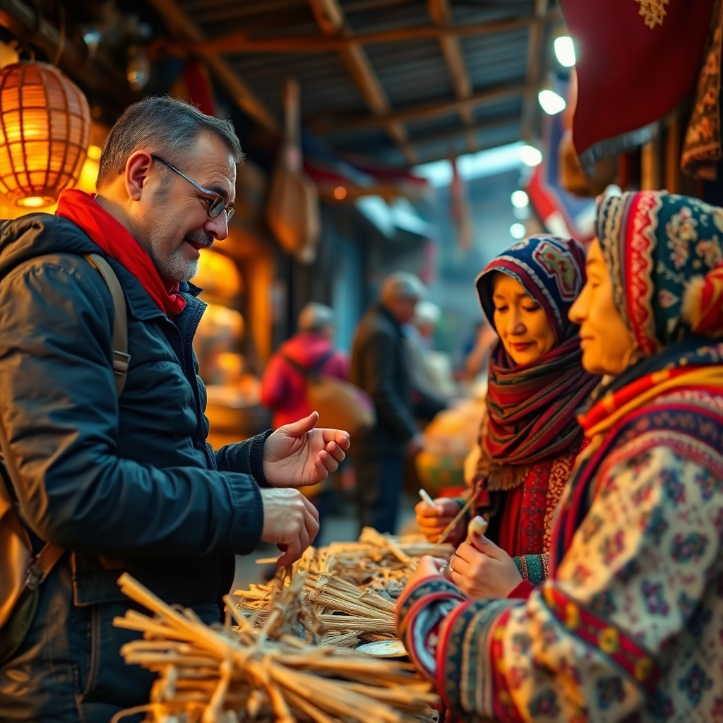 A photorealistic image depicting a traveler engaging in an authentic cultural experience, for example; learning a traditional craft from a local artisan in a vibrant market setting, with warm lighting, emphasizing the interaction between the traveler and the local community. The scene should evoke a feeling of cultural exchange and mutual respect.  High resolution, detailed textures, and rich colors are required to create a visually stunning image that captures the essence of cultural immersion.