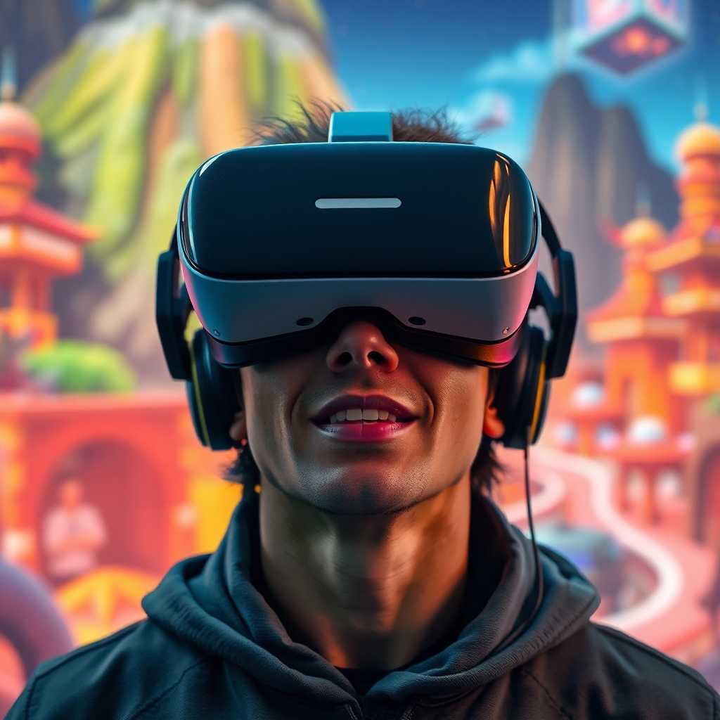 A photorealistic image depicting a person wearing a VR headset, fully immersed in an interactive virtual environment.  The background should showcase a vibrant and detailed virtual world, contrasting with the person's real-world surroundings. The expression on the person's face should convey excitement, wonder, and engagement with the virtual experience. The image should emphasize the feeling of presence and immersion provided by VR technology.