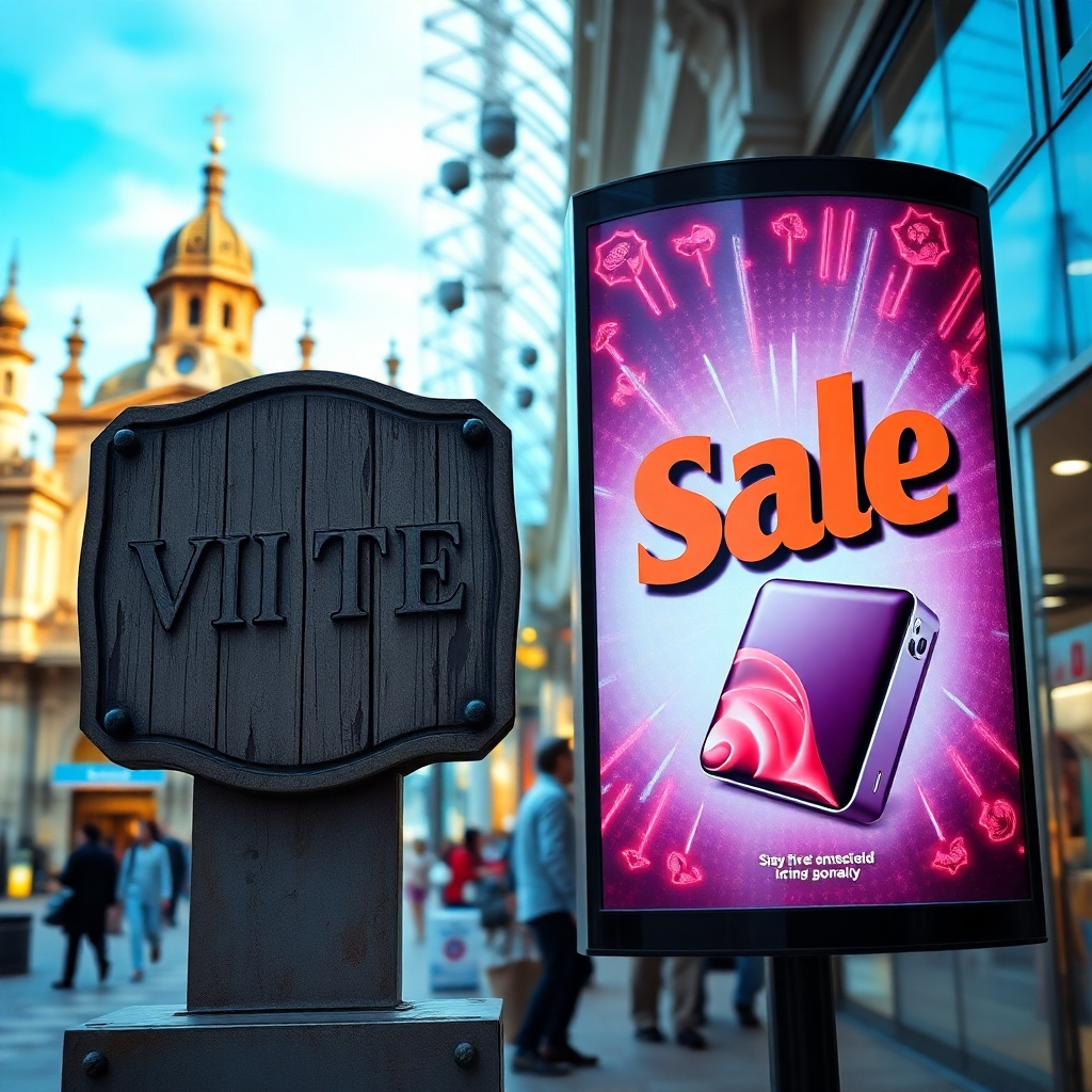 A photorealistic image depicting a weathered, well-loved vintage logo next to a flashy, modern product advertisement with a large 'sale' banner. The background showcases a contrast between a historical setting and a modern shopping mall.