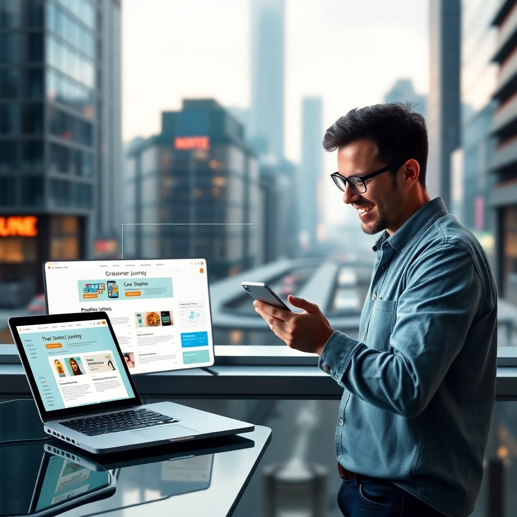 A photorealistic image depicting a customer journey map across multiple devices (laptop, smartphone, tablet) seamlessly connected.  Visualize a single, happy customer interacting effortlessly with these devices, with each device showing consistent branding and information. The background should be a stylized representation of a modern city, hinting at the omnipresence of the brand.