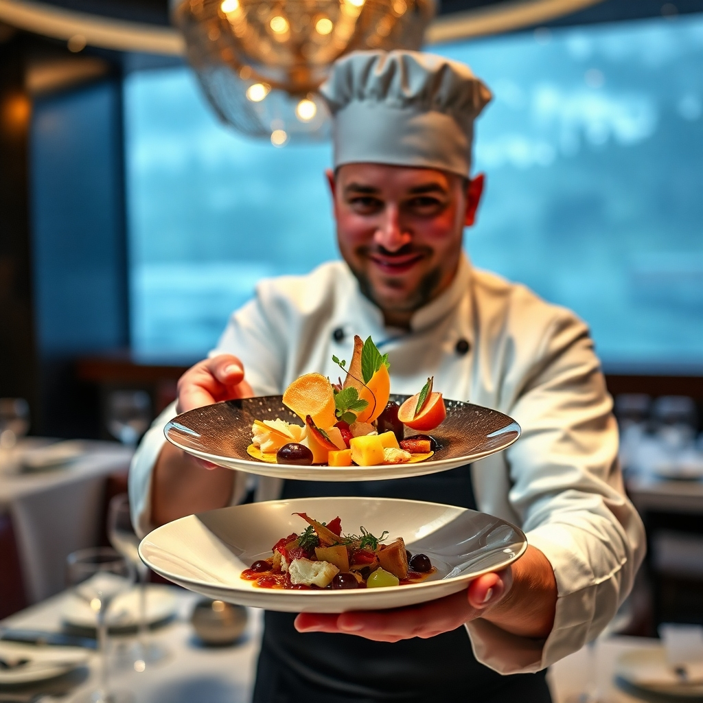 A photorealistic image depicting a chef proudly presenting a visually stunning and innovative dish, perhaps a modern molecular gastronomy creation or a beautifully composed plating of traditional ingredients with an avant-garde twist. The setting could be a high-end restaurant, with elegant tableware and soft, atmospheric lighting.  The chef should be shown interacting with the dish, showcasing pride and passion for their creation.