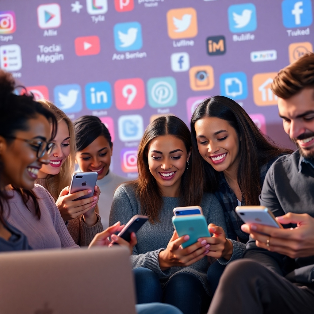 A photorealistic image depicting a diverse group of people of different ages and backgrounds actively engaging with various social media platforms on their smartphones and laptops.  The background should subtly show social media logos and trending hashtags. The overall mood should be vibrant and collaborative, suggesting a sense of community and connection.