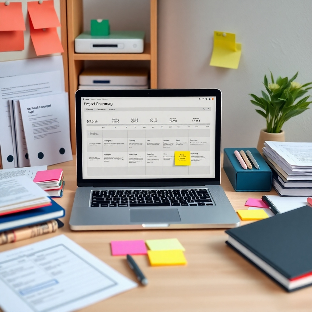 A photorealistic image depicting a clean, organized desk with a laptop displaying a detailed project timeline or roadmap.  Surrounding the laptop are physical and digital resources like books, notebooks, sticky notes, and online documents, all color-coded for organization and clarity. The overall ambiance should reflect productivity and careful planning.