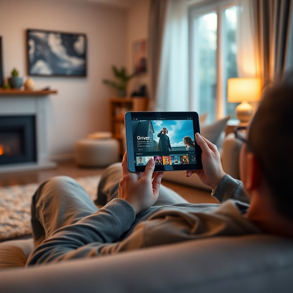 A photorealistic image depicting a person relaxing on a couch, using a tablet to stream a movie from a popular streaming service. The living room should be cozy and well-lit, with a soft focus on the background.  The tablet should clearly display the streaming service's logo and a captivating movie still. The overall mood should be one of comfort and enjoyment.