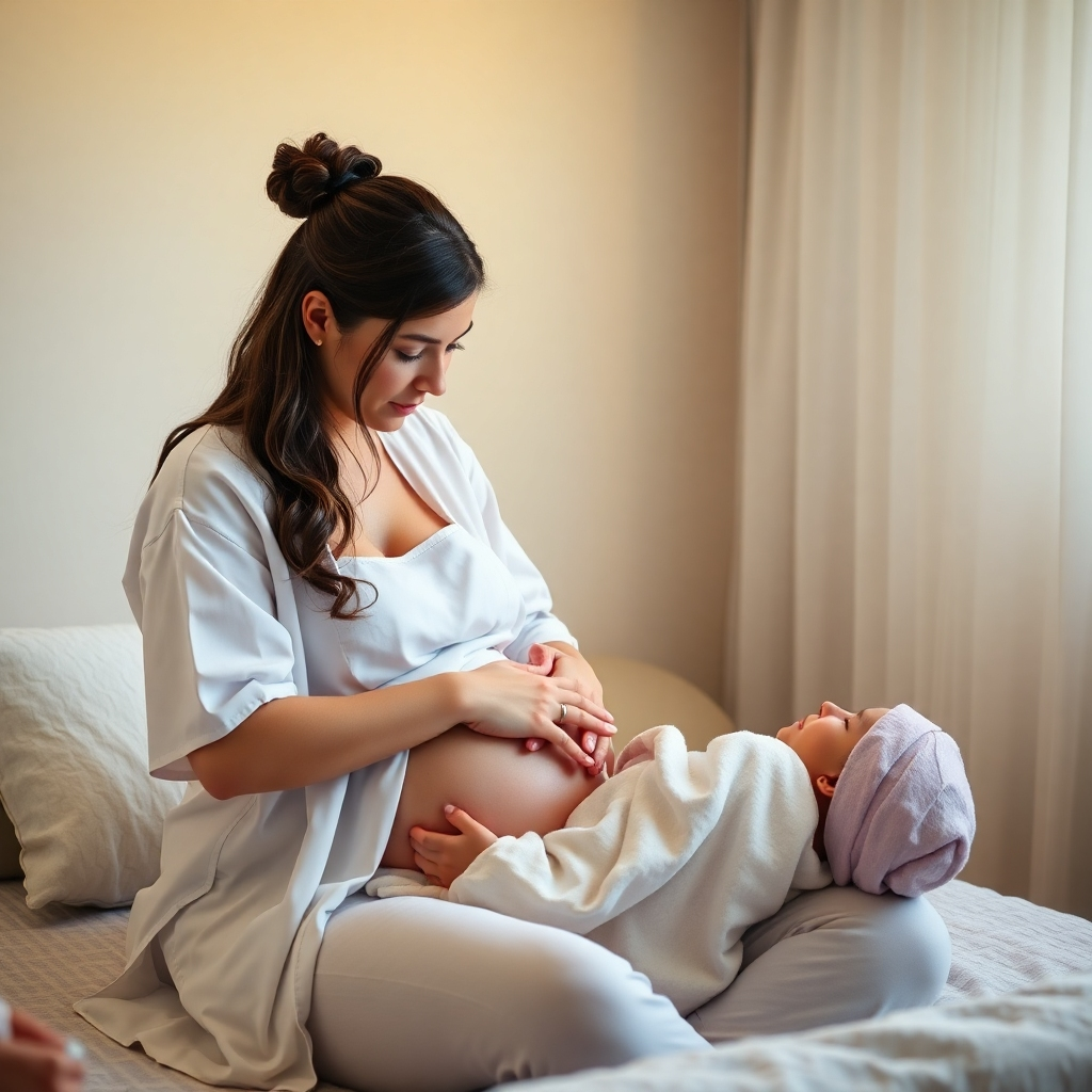 A photorealistic image depicting a serene birthing scene. A midwife is attentively supporting a laboring woman, focusing on natural pain management techniques like massage or aromatherapy. The room is softly lit, emphasizing a calm and supportive atmosphere.