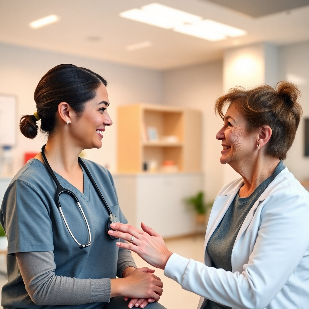 A photorealistic image depicting a friendly consultation between a physiotherapist and a patient; the setting is a clean, modern clinic, with warm lighting; the physiotherapist is actively listening to the patient, who is relaxed and approachable; the image should visually convey comfort, trust, and a collaborative approach to care.