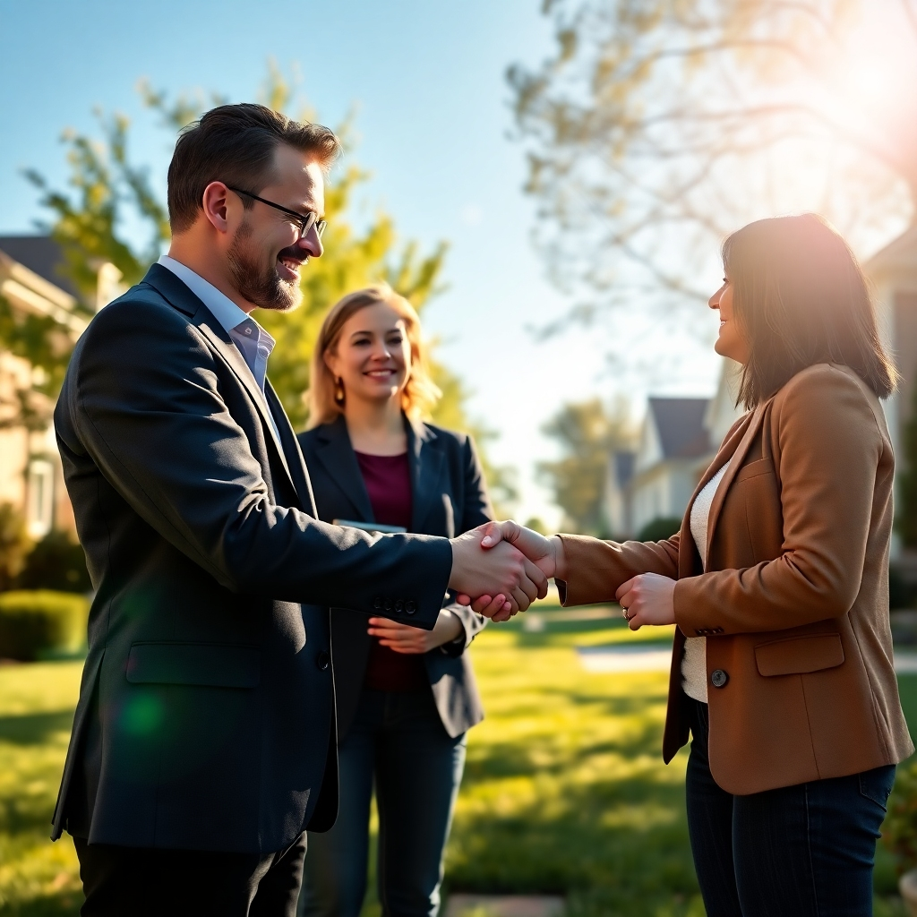 A photorealistic image depicting a friendly real estate agent shaking hands with a happy couple in front of a beautiful suburban house. The image should convey trust, professionalism, and a successful transaction. The background should be a sunny, tree-lined street.