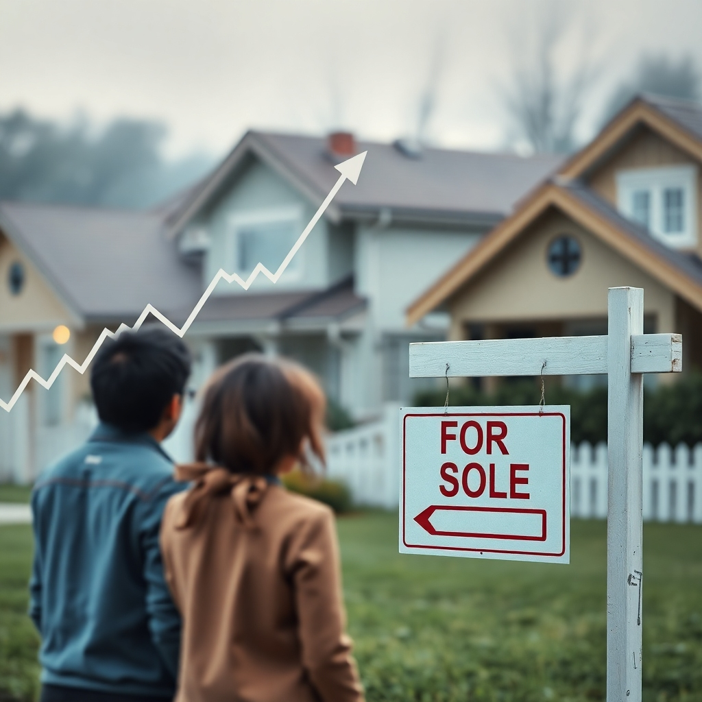 A photorealistic image depicting a graph showing a sharp increase in interest rates alongside a depiction of a family looking sadly at a 'for sale' sign on a house, with a blurred background showing other houses. The overall mood should be one of concern and uncertainty in the housing market