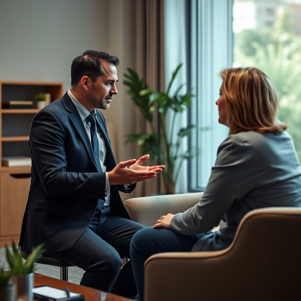 A photorealistic image depicting a private investigator meeting with a client in a professional, yet comfortable setting. The image should emphasize open communication and trust.  The investigator is dressed professionally, and the scene suggests a discussion on legal parameters and ethical implications of an investigation, highlighting the balance between truth-seeking and legal boundaries.