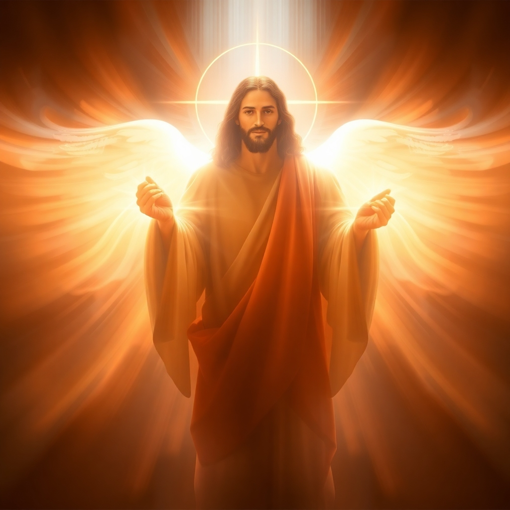 A photorealistic image depicting an abstract representation of the Holy Trinity.  Three distinct yet interconnected figures or symbols could represent the Father, Son (Jesus), and Holy Spirit, unified in a single composition, perhaps through overlapping or interwoven light beams. The image should use warm, ethereal colors and lighting to suggest divine presence and interconnectedness. The overall feeling should be one of unity and mystery, evoking a sense of spiritual awe.