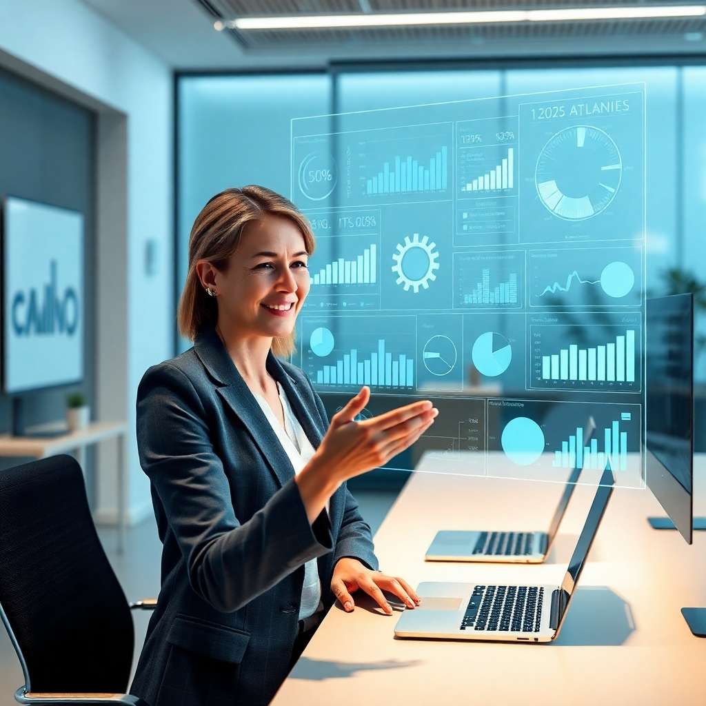 A photorealistic image depicting a holographic projection of complex data visualizations and key performance indicators (KPIs) overlaid on a modern, minimalist office setting. A business consultant is interacting with the projection, examining charts and graphs to interpret data insights, with a satisfied expression on her face. The overall mood should convey clarity and understanding.