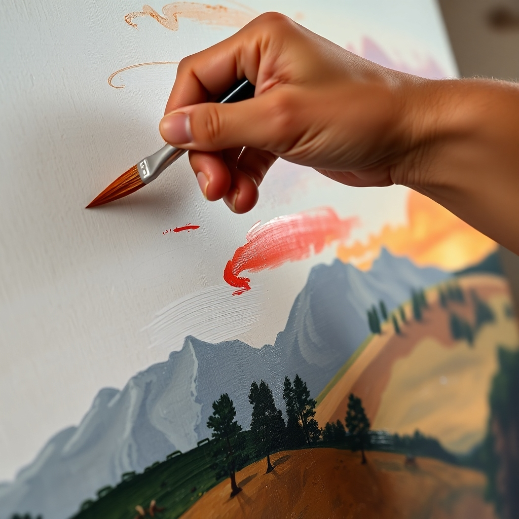 A photorealistic image depicting a painter's hand expertly applying paint to a canvas using diverse brushstrokes. The image should clearly showcase the different techniques, such as impasto, blending, and layering. The canvas should be partially complete, revealing a vibrant landscape scene, with visible brushstroke textures. The lighting should be soft and natural, highlighting the artist's hand movements and paint textures.