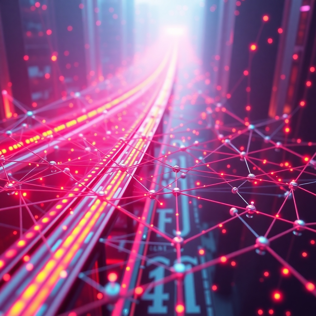 A photorealistic image depicting a network of interconnected nodes rapidly processing data, representing Ethereum's blockchain, with visual elements showcasing layer-2 scaling solutions like a highway system or a branching network speeding up data transmission, all vibrant and futuristic.