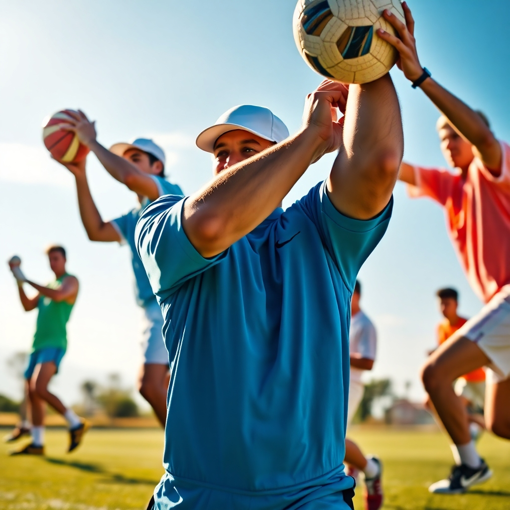 A photorealistic image depicting various athletes participating in skill-specific drills for their respective sports; for instance, a basketball player practicing free throws, a golfer perfecting their swing, and a soccer player practicing precise passing. Each athlete should show focus and proper technique. The image needs a bright, outdoor setting with a clear sky; the overall feeling should be energetic and encouraging.