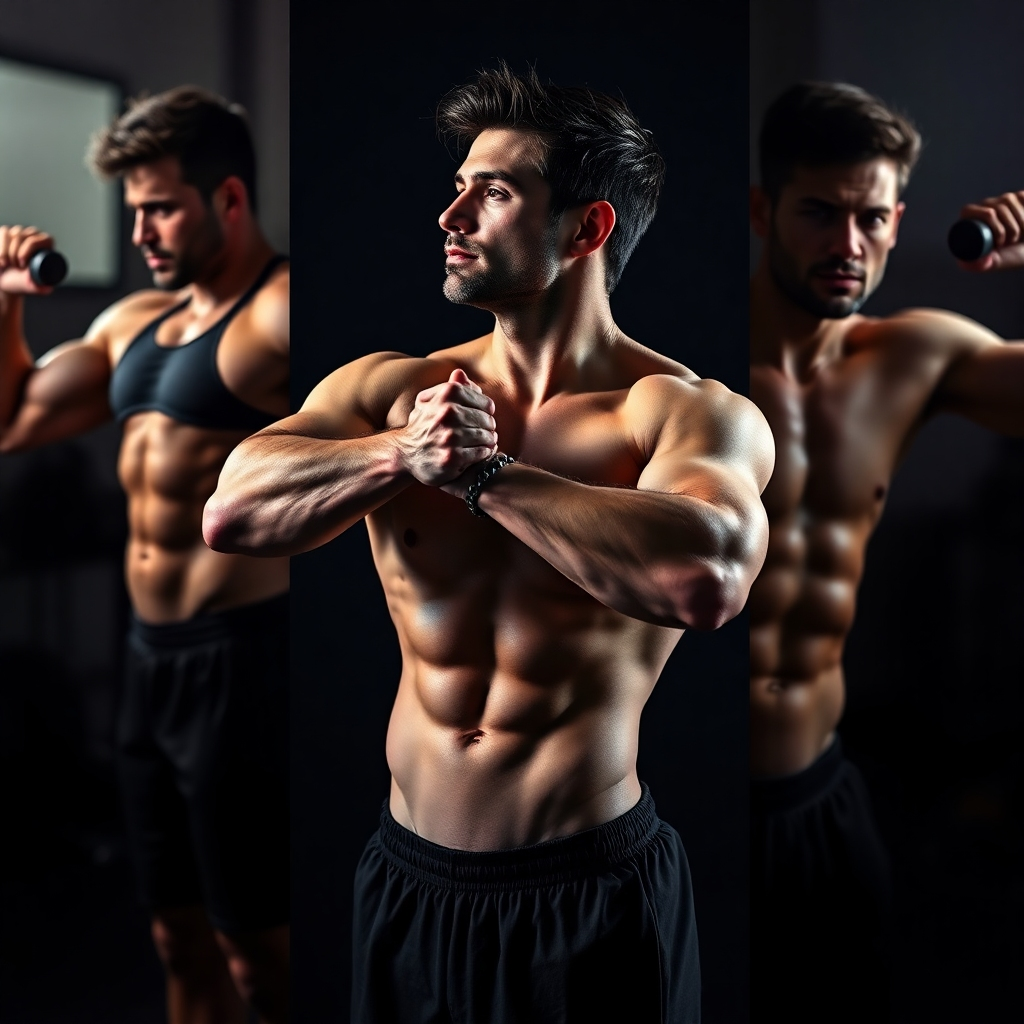 A photorealistic image depicting a person consistently exercising over time. Show a montage style, with four images depicting them at different stages of progress, showcasing increased strength, endurance, and body composition. The background should change subtly to suggest a passage of time. The overall mood should be one of accomplishment and sustained effort.