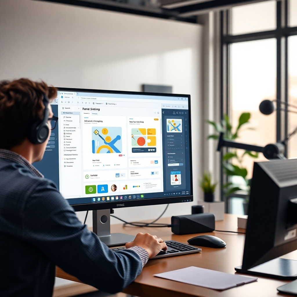 A photorealistic image depicting a high-fidelity mockup of a software application interface on a large monitor, with a software developer using design software to make adjustments.  The background should subtly showcase a clean, modern workspace with elements suggesting advanced technology and innovation. The focus should be on the detailed, interactive design, showcasing visual appeal and intuitive navigation.